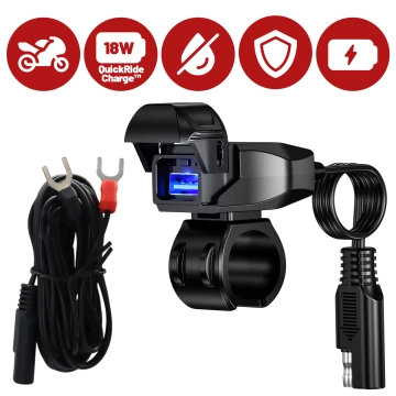 Kewig USB-A Motorradladegerät 18W, QC-Schnellladung, wasserdicht (IP65) mit Ein-/Ausschalter und LED-Hintergrundbeleuchtung, Lenkerhalterung, für Handy, Kamera und Gegensprechanlage – Schwarz