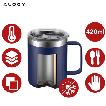 Kubek termiczny 420ml z uchwytem pokrywką na kawę herbatę stalowy zimne i ciepłe napoje Alogy granatowy