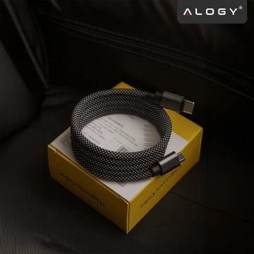 Kabel Zasilający USB-C do USB-C 65W 1m, Szybkie Ładowanie PD, Magnetyczny, Trwały i Elastyczny Przewód Alogy MagiCharge™ – Czarny + Ładowarka Sieciowa 3w1 65W 