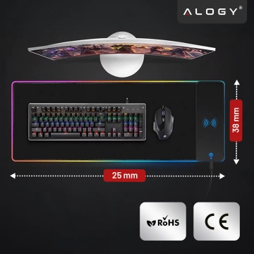 Alogy QiGlow Pro Schreibtischunterlage mit RGB-LED-Beleuchtung für Maus, Tastatur und Qi-Ladegerät für Smartphones. Rutschfeste, schützende Gaming-Matte XL (80 x 30 cm), Schwarz.