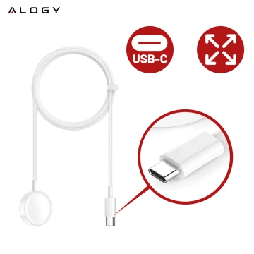 Kabel ładowarka indukcyjna Qi do Apple Watch – magnetyczna, złącze USB-C Type-C, szybkie i stabilne ładowanie, długość 1m 100cm, Alogy WatchCharge™ Biała
