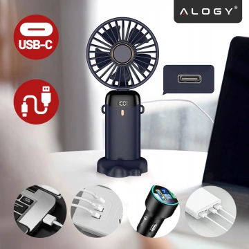 Wentylator Wiatrak Ręczny Bezprzewodowy, Przenośny i Biurkowy, z Uchwytem na Telefon, Ładowanie USB-C, Bateria 18650, Alogy CoolBreeze™ – Granatowy