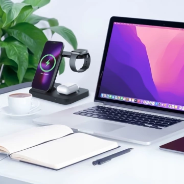 Ładowarka indukcyjna Qi 15W do iPhone Apple Watch AirPods bezprzewodowa 3w1 Stacja dokująca Czarna