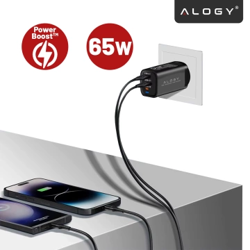 Ładowarka Sieciowa Szybka 3w1 do telefonu do Samsung do iPhone GaN3 65W PD i QC, Porty 2x USB-C 65W + USB-A 30W, Alogy GaNCharge Compact™ – Czarna