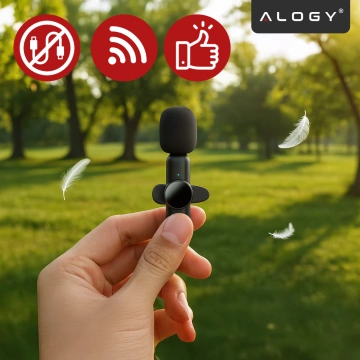 Mikrofon Bezprzewodowy 2x Zestaw - USB-C, redukcja szumu, lekka konstrukcja, zasięg do 20 metrów - 2x Mikrofon Krawatowy z Futerkową Osłoną, Odbiornik do telefonu - Alogy DualVoice™ Czarny