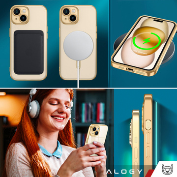 Etui MagSafe Case do iPhone 15 Plus Glamour Luxury obudowa Slim Ring Alogy Złoty przezroczysty + Szkło
