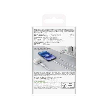 Ładowarka Puro PROLITE 20W USB-A/USB-C + kabel 1.2m – biała
