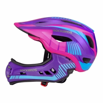 Rockbros TT-32SBPP-M Kinderfahrradhelm mit abnehmbarem Kinnbügel, Größe M – Lila-Pink