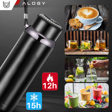 Thermosflasche, Thermowasserflasche, 800 ml, für Kaffee, Tee, Yerba Mate, LED-Siebschnur, Alogy-Display, Schwarz, Waschbürste