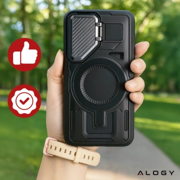 Etui do Samsung Galaxy S25 Case do MagSafe Wzmocniona Pancerna ochrona obiektywów z funkcją podstawki obudowa ochronna na telefon Alogy HeavyDuty Mag™️Czarne