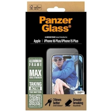 Gehärtetes Glas für iPhone 16 Plus PanzerGlass Displayschutzfolie Aluminiumrahmen Ultraweite Passform mit Aluminiumrahmen