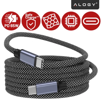 Kabel Zasilający USB-C do USB-C 65W 1m, Szybkie Ładowanie PD, Magnetyczny, Trwały i Elastyczny Przewód Alogy MagiCharge™ – Czarny + Ładowarka Sieciowa 3w1 65W 