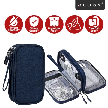 Reiseetui mit Organizer für Kabel, Ladegeräte, Handy und Powerbank, multifunktional und kompakt (21 x 12,5 x 5 cm), Alogy TravelPack™ – Marineblau