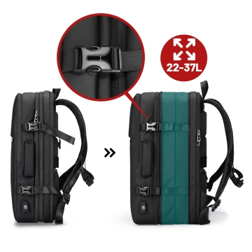 Mark Ryden 17,3"-Laptop-Rucksack, USB-Anschluss, wasserdicht, minimalistisch und geräumig (37 l), komfortabel, erweiterbar durch 180°-Öffnung, 48 × 31 × 14–25 cm – Schwarz