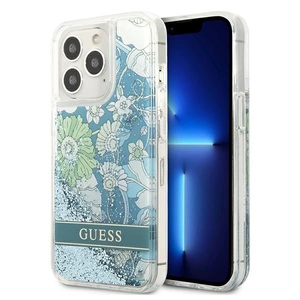 Guess GUHCP13XLFLSN iPhone 13 Pro Max 6,7" zielony/grün Hardcase Flower Liquid Glitter