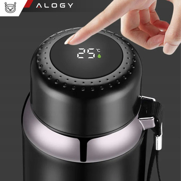Termos butelka bidon termiczny 800ml do kawy herbaty yerba mate LED sitko smyczka Alogy wyświetlacz Czarny