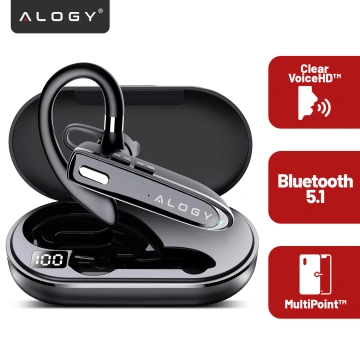 Słuchawka Bluetooth do rozmów – bezprzewodowa, Bluetooth 5.1, do 12h rozmów, z etui ładującym, lekka i wygodna dla kierowcy – Alogy DriveTalk™ Czarna
