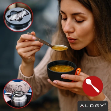 Termos pojemnik obiadowy na jedzenie żywność zupę lód  dla dzieci 700ml Alogy ze stali nierdzewnej + składana łyżeczka termiczny szary
