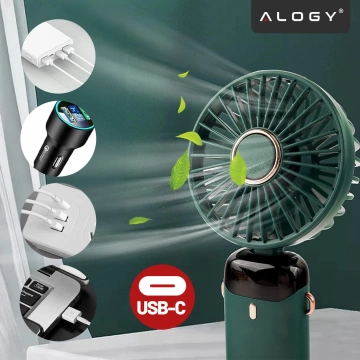 Wentylator Wiatrak Ręczny Bezprzewodowy, Przenośny i Biurkowy, z Uchwytem na Telefon, Ładowanie USB-C, Bateria 18650, Alogy CoolBreeze™ – Zielony
