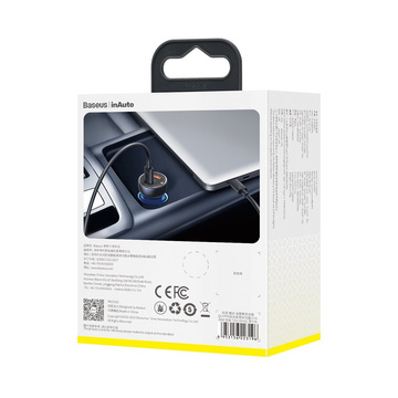 Ładowarka samochodowa Baseus Particular Digital Display z wyświetlaczem, USB + USB-C, QC3.0+PD, 5A, 65W (szara) + kabel USB-C 1m 100W (czarny)