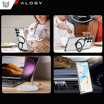 Etui do Samsung Galaxy S24 Ultra obudowa magnetyczne Ring Mag Safe Clear magnes do uchwytu Alogy Czarne przezroczyste + Ładowarka Qi
