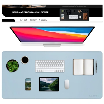 Schreibtischunterlage 90 × 45 cm – rutschfeste Schutzmatte aus elegantem PU-Kunstleder, für Maus und Tastatur, stilvoll und langlebig – Alogy WorkMat™ Blau