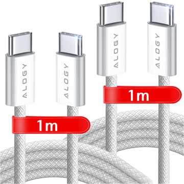 2x Kabel USB-C typ C mocny szybki 60W PD 1M do iPhone 15/16/Pro/Max nylonowy przewód Alogy biały [2szt]
