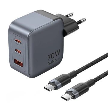 GaN Vention USB-C CA-Ladegerät 70 W USB-C-auf-USB-C-Kabel 1 m (Grau)
