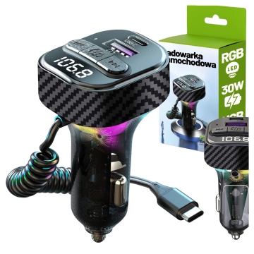 Bluetooth 5.3 FM-Transmitter mit PD 30W QC3.0 Kfz-Ladegerät, USB-C-Spiralkabel, USB-Stick-Unterstützung, 7-farbiger LED-Hintergrundbeleuchtung – Alogy CarTune™ Schwarz