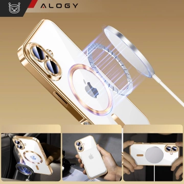 Etui Case MagSafe Case do iPhone 16 Plus Glamour Luxury obudowa Slim Ring Alogy złote przezroczyste + szkło hartowane