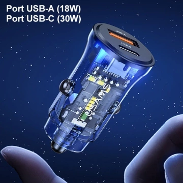 USAMS Ładowarka samochodowa 1xUSB+1xUSB-C C32 30W Fast Charge czarny/black CC164CC01 (US-CC164)