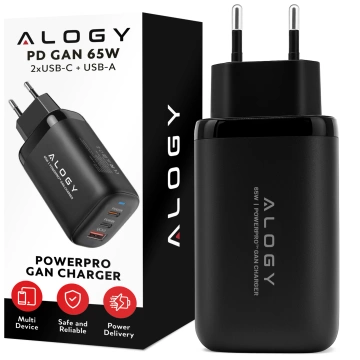 Ładowarka Sieciowa Szybka 3w1 do telefonu do Samsung do iPhone GaN3 65W PD i QC, Porty 2x USB-C 65W + USB-A 30W, Alogy GaNCharge Compact™ – Czarna