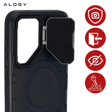Etui do Samsung Galaxy S25 Case do MagSafe Wzmocniona Pancerna ochrona obiektywów z funkcją podstawki obudowa ochronna na telefon Alogy HeavyDuty Mag™️Czarne