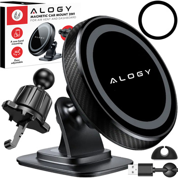 Uchwyt samochodowy magnetyczny na telefon szybę kratkę kokpit deskę do samochodu auta do telefonu Alogy Czarny + Organizer