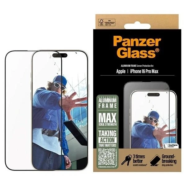 Gehärtetes Glas für iPhone 16 Pro Max PanzerGlass Displayschutzfolie Aluminiumrahmen Ultraweite Passform mit Aluminiumrahmen