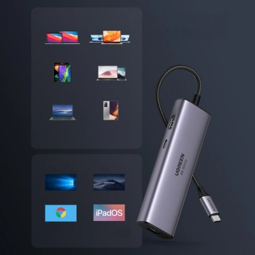 Wielofunkcyjny HUB UGREEN 7w1  USB Typ C - 2x USB 3.2 Gen 1 / HDMI 4K 60Hz / czytnik kart SD i TF / USB Typ C PD 100W / RJ45 1000Mbps (1Gbps) szary (60515 CM512)
