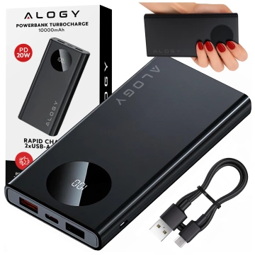 PowerBank 10000mAh z Technologią PD 120W, Szybkie Ładowanie PowerDelivery, Porty 2x USB-A i 1x USB-C, Wysoka Moc i Kompaktowy Design, Alogy TurboCharge™ – Czarny