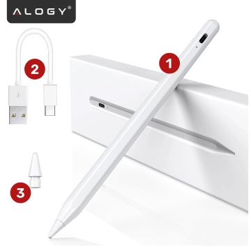 Rysik do Apple iPad Alogy Pencil z funkcją Palm Rejection Tilt Magnetyczny USB-C + zapasowa końcówka Biały