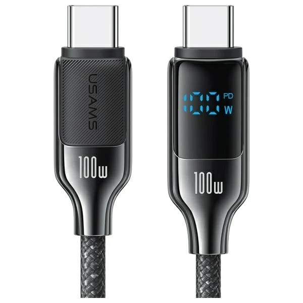 USAMS USB-C-auf-USB-C-Kabel 1,2 m, 100 W, Digitalanzeige, Schwarz