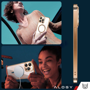 Etui MagSafe Case do iPhone 15 Pro Max Glamour Luxury obudowa Slim Ring Alogy Złote przezroczyste + Szkło