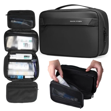 Mark Ryden Reise-Kulturbeutel für Damen und Herren, 3,9 l Fassungsvermögen, 4 Fächer mit Haken, YKK-Reißverschluss, PU-Oxford-Material – Schwarz