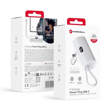 FORCELL F-ENERGY Power Plug F5K3 Powerbank mit integriertem Typ-C PD-Anschluss 20W 5000mAh Weiß