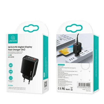 USAMS Ładowarka sieciowa 1xUSB-C+1xUSB T40 20W LED (only head) PD3.0 + QC3.0 Fast Charging czarny/black CC133TC01 (US-CC133)