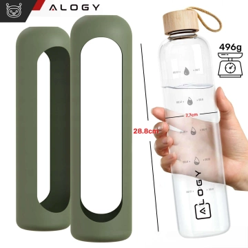 Große Glasflasche, Trinkflasche Alogy Motivational Messbecher 1l 1000ml, Silikonhülle Olive
