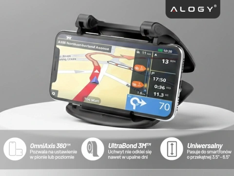Uchwyt samochodowy na telefon GPS do 6.5" – montaż na kokpit i deskę rozdzielczą, obrót 360°, stabilny i regulowany – Alogy DriveMount™ Czarny