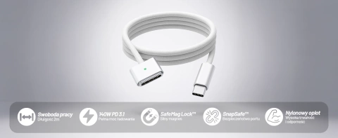 Kabel zasilający USB-C do MagSafe 3 – szybkie ładowanie 140W, przewód 2 m, do Apple MacBook, wytrzymały i bezpieczny – Alogy PowerLink™ Biały
