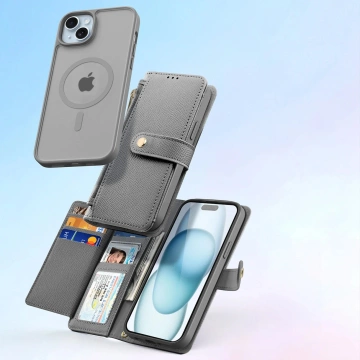 Etui do iPhone 15 Dux Ducis Lawa Skórzane Portfel MagSafe Szare