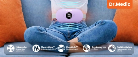 Pas Grzejący z Masażerem na okres i plecy - przeciwbólowy, ciepło + wibracje, 6 poziomów intensywności, akumulator 1800 mAh - Dr.Medic ThermoPulse™ Fioletowy