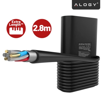 Zasilacz USB-C 65W PD do Laptopów HP Lenovo Asus Apple, Szybkie Ładowanie 20V 3.25A, Długi Kabel 2.8m, Kompaktowy i Wydajny, Alogy PowerBoost™ – Czarny