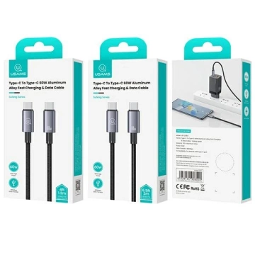 USAMS US-SJ664 USB-C-auf-USB-C-Kabel 2 m, 60 W, Nylongeflecht, Schwarz